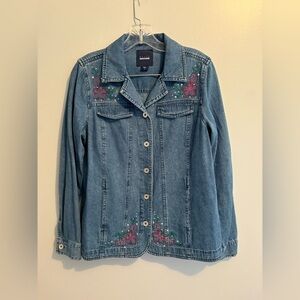 Basic Editions Denim Jacket Embroidered Beaded Floral 100% Cotton Medium Jean